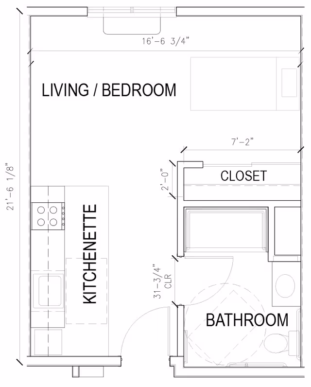 Architectural floor plan of a small living space at Glasswater Creek of Lafayette, showing a combined living and bedroom area, a kitchenette, a closet, and a bathroom with fixtures.