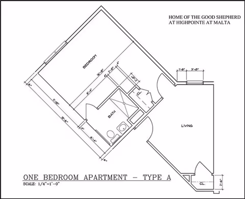 Architectural floor plan of a one bedroom apartment, Type A, at Home of the Good Shepherd at Highpointe at Malta, showing labeled areas for bedroom, bath, living room, and closets with measurements.