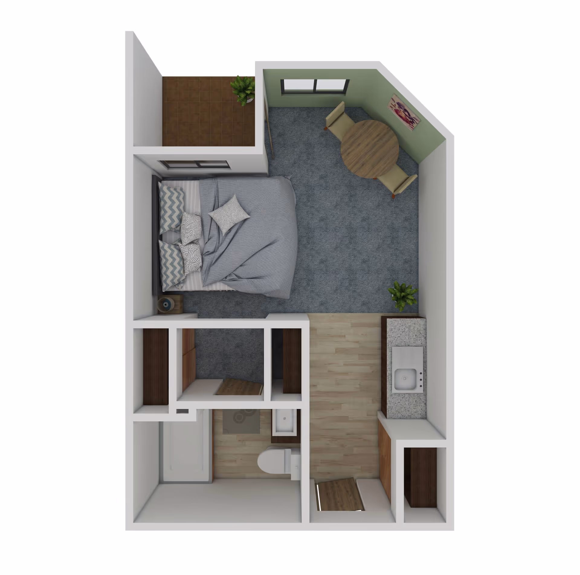Top-down view of a senior living apartment floor plan featuring a bedroom with a bed and pillows, a small dining area with a round table and two chairs, a kitchen area with a sink and countertop, a bathroom with a toilet and bathtub, and a small outdoor patio with a plant.