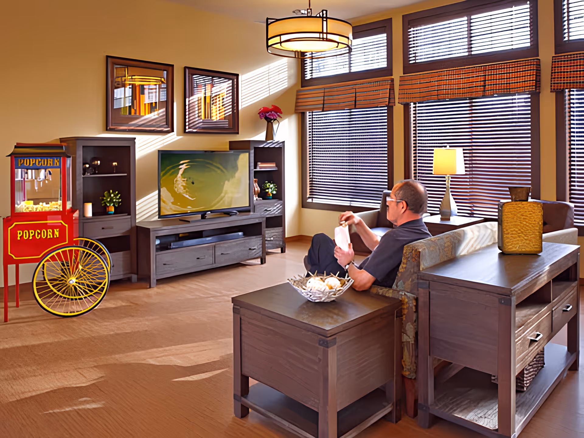A cozy living room with large windows covered by blinds and valances, a man sitting on a sofa eating popcorn, a wooden entertainment center with a TV, two framed mirrors on the wall, a popcorn machine, and a side table with decorative items including a bowl and a vase.