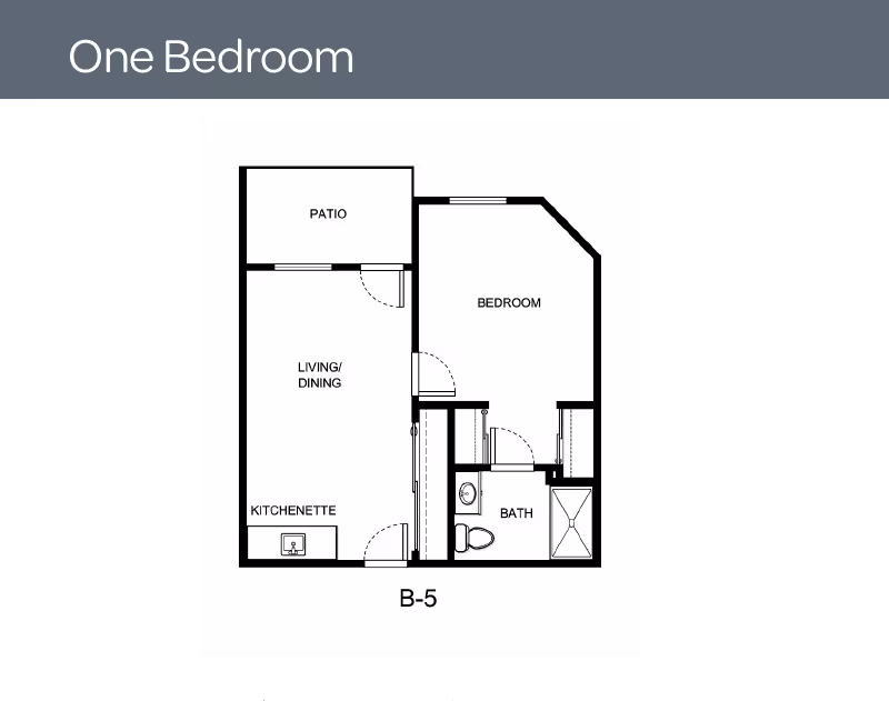 Floor plan layout of a one-bedroom unit labeled B-5 at Holiday Vista de la Montana, showing a patio, living/dining area, kitchenette, bedroom, and bathroom.