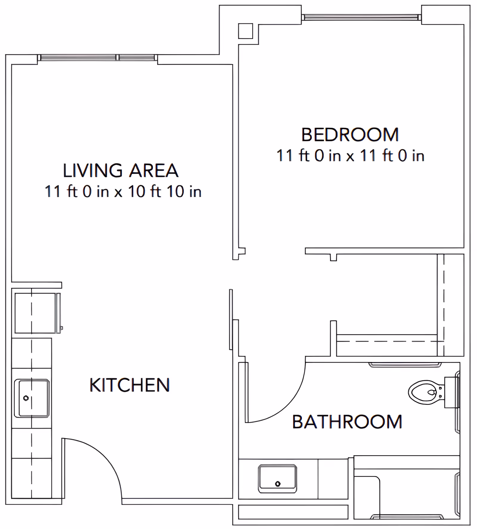 Floor plan of a living space at Sodalis Deer Park showing a living area measuring 11 ft 0 in by 10 ft 10 in, a bedroom measuring 11 ft 0 in by 11 ft 0 in, a kitchen area, and a bathroom with a sink, toilet, and shower.