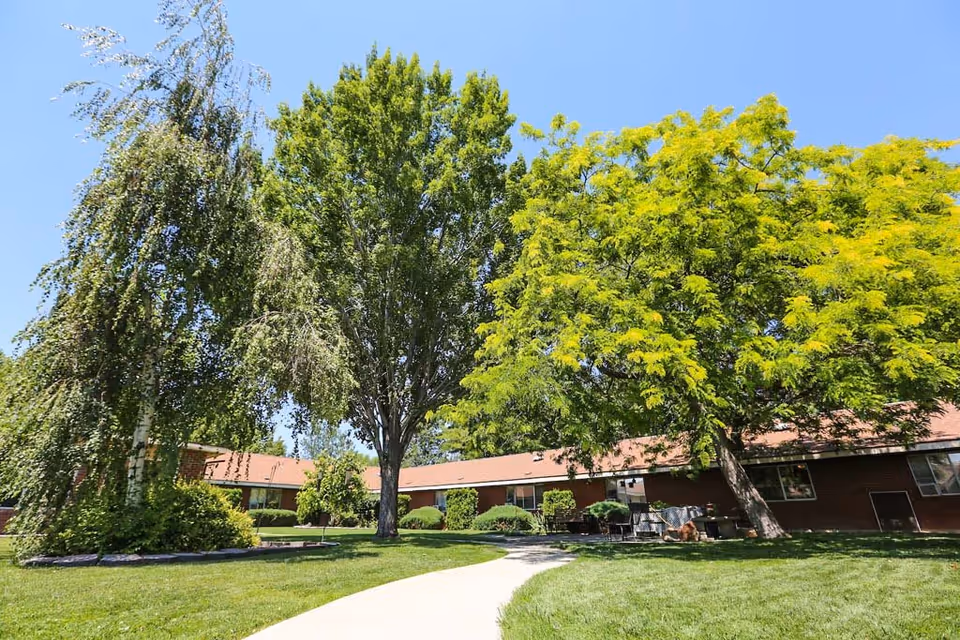 A sunny outdoor courtyard at Heritage Assisted Living of Boise featuring a curved concrete walkway, well-maintained green grass, large leafy trees, and a single-story brick building with windows in the background under a clear blue sky.