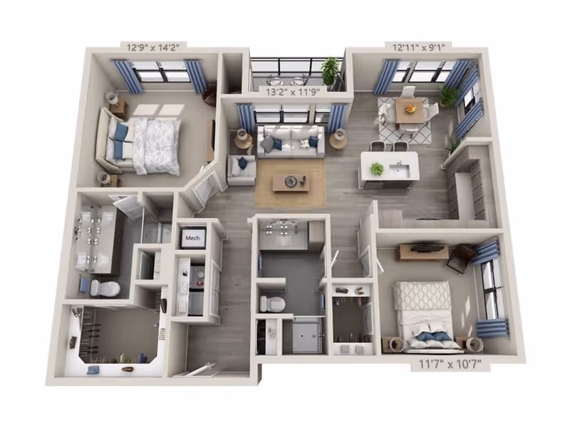 3D floor plan of an apartment featuring two bedrooms, two bathrooms, a living room, a kitchen with an island, and a dining area. The layout includes measurements for each room and shows furniture placement such as beds, sofas, dining table, and kitchen appliances.