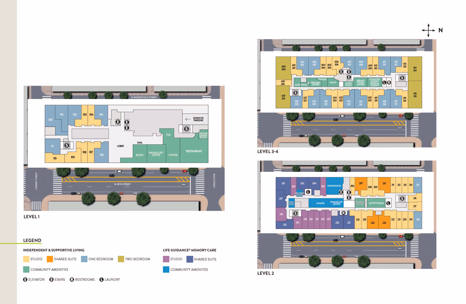 Floor plans of Atria Center City showing three levels with labeled rooms and community amenities. Level 1 includes lobby, bistro, engage life center, lounge, restaurant, pub, mail, elevators, stairs, restrooms, and various studio, shared suite, one bedroom, and two bedroom units. Level 2 and Levels 3-4 show additional residential units, community amenities like wellness center, dining room, salon, theater, game room, and activity room, with elevators, stairs, restrooms, and laundry areas marked. Streets and trees surround the building layout.