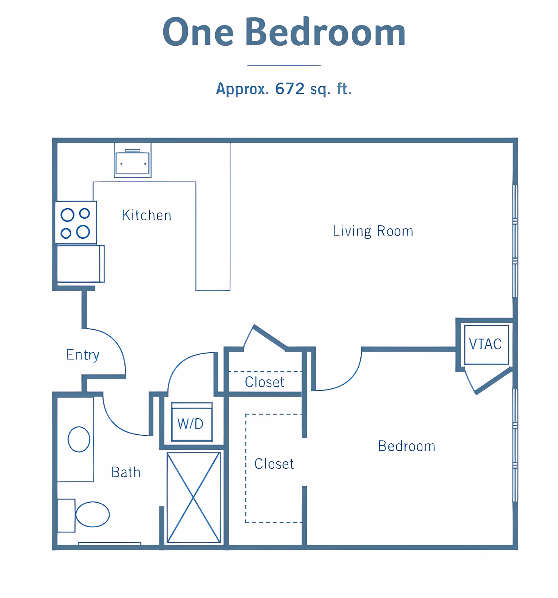 Floor plan of a one-bedroom apartment approximately 672 square feet, showing an entry, kitchen, living room, bedroom with two closets, bathroom, and a washer/dryer area.
