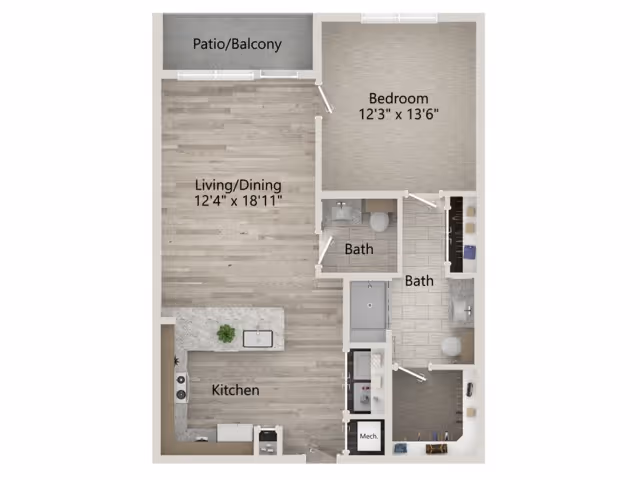 One-bedroom floor plan showing a kitchen, living/dining area, bedroom, two bathrooms, and a patio/balcony with room dimensions.