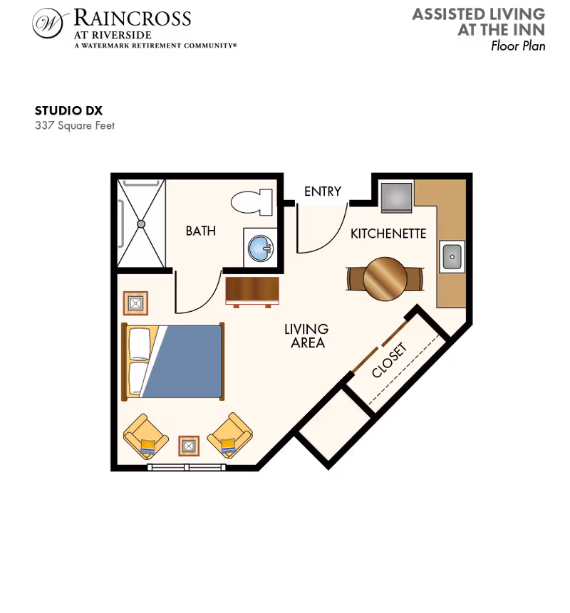 Floor plan of an assisted living studio apartment at The Inn, showing a bath with shower, toilet, and sink; a living area with a bed, two chairs, and a small table; a kitchenette with a round table and two chairs, a stove, and a sink; and a closet. The total area is 337 square feet.