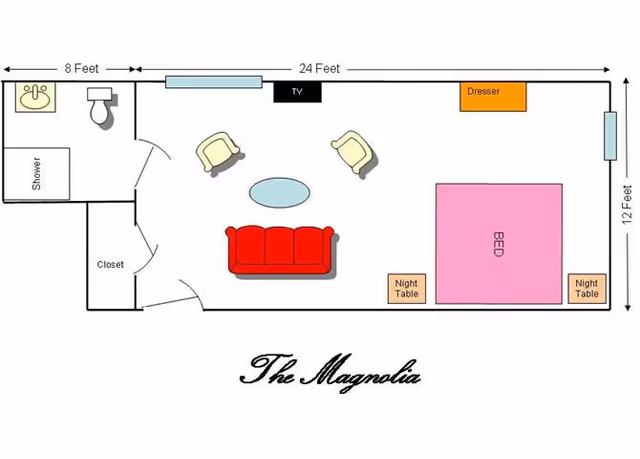 Floor plan of a senior living unit named The Magnolia, showing a combined living and bedroom area with a bed, two night tables, a dresser, a red sofa, two chairs, a coffee table, and a TV. There is a bathroom with a shower, sink, and toilet, and a closet near the entrance.
