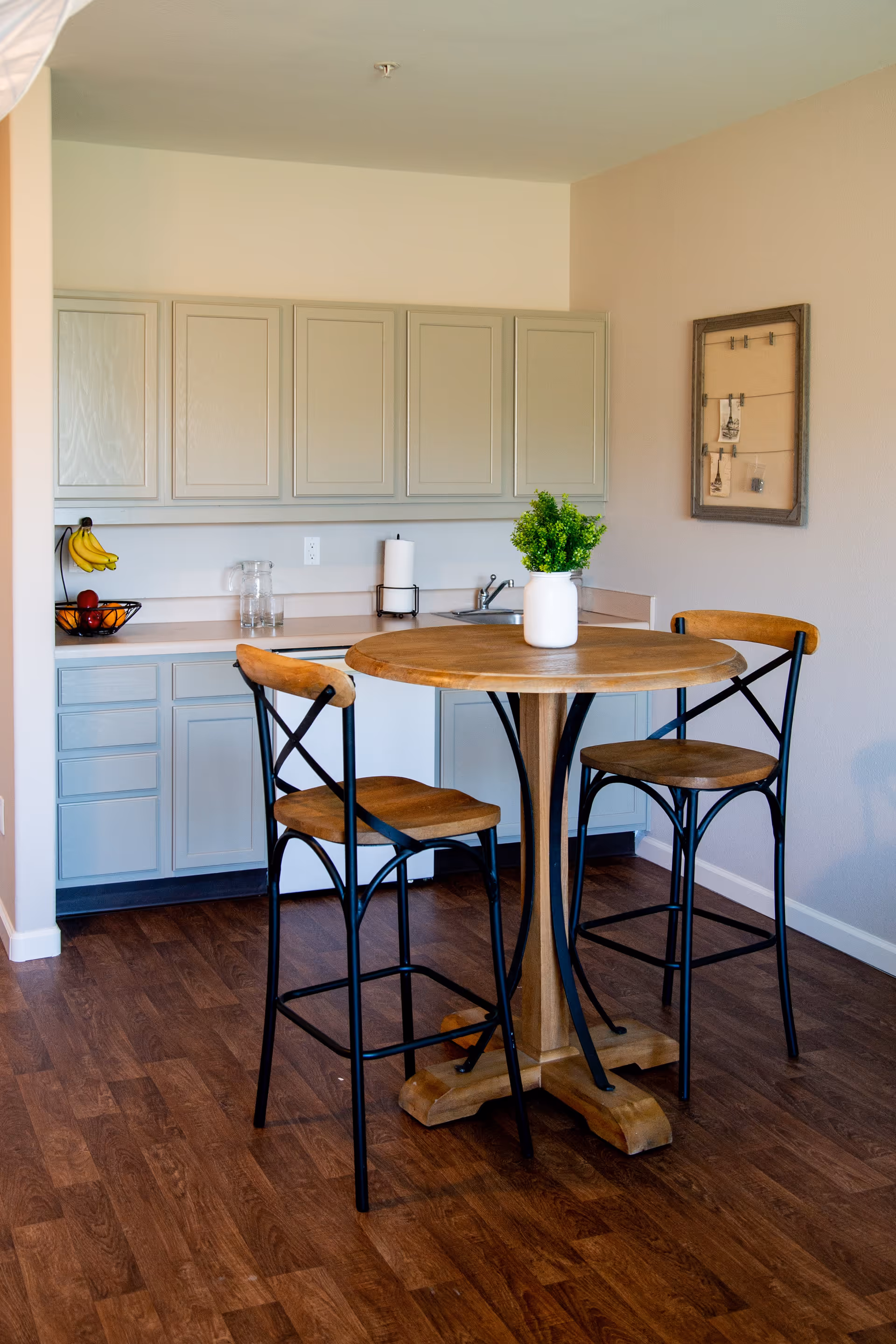 A small kitchen area with light gray cabinets, a countertop with a sink, a paper towel holder, and a fruit basket containing bananas and apples. In front of the kitchen is a round wooden table with two wooden chairs with black metal frames. A small green plant in a white vase is on the table. The floor is wooden, and a framed decorative piece hangs on the wall.