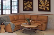A cozy living room area featuring a large tan leather sectional sofa with a gray throw blanket draped over one arm. In front of the sofa is a round wooden coffee table with a floral centerpiece. The walls are decorated with two framed botanical prints, and there is a window with blinds allowing natural light into the room.