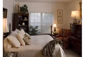 Cozy bedroom featuring a made bed with multiple pillows, wooden dressers and nightstands, a bookshelf, lamps, and a window letting in natural light.