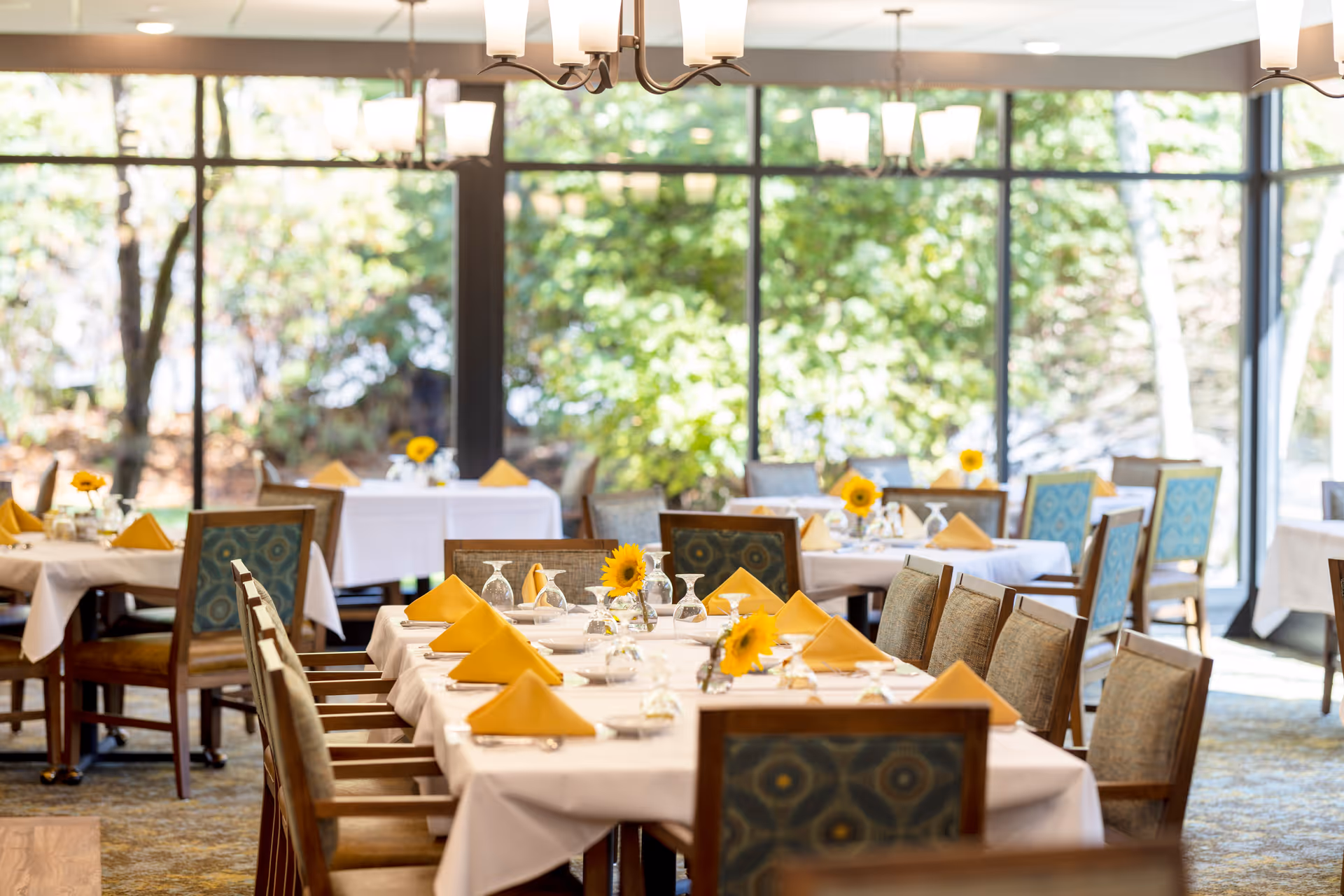 A bright dining room with tables covered in white tablecloths, each set with yellow folded napkins, glassware, and small vases holding sunflowers. Large windows in the background let in natural light and show green trees outside.