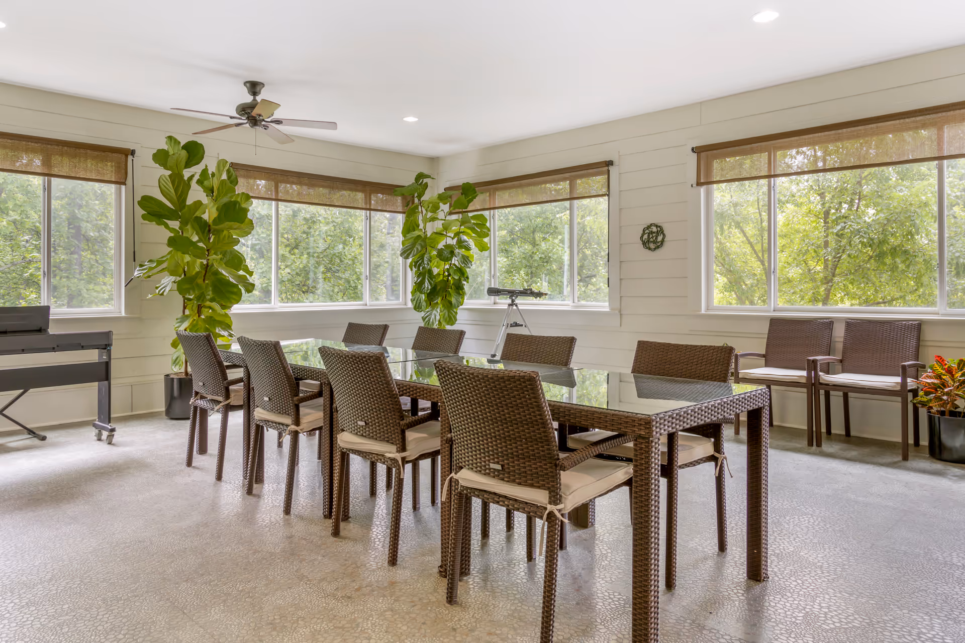 A bright room with large windows showing green trees outside. Inside, there is a long glass-top table surrounded by ten wicker chairs with cushions. Two large potted plants are placed near the windows, and a telescope is set up in the corner. A ceiling fan is mounted on the white ceiling, and there is a keyboard on a stand to the left. The floor has a textured pattern.