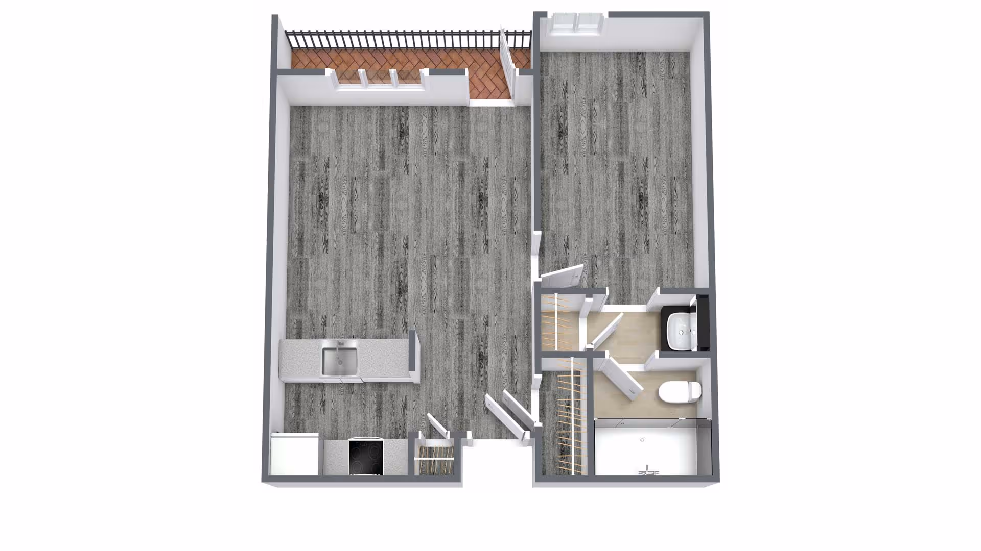 3D floor plan of a one-bedroom apartment featuring a kitchen area with a stove and sink, a living room space, a bedroom, a bathroom with a toilet, sink, and shower, and a small balcony with a railing.
