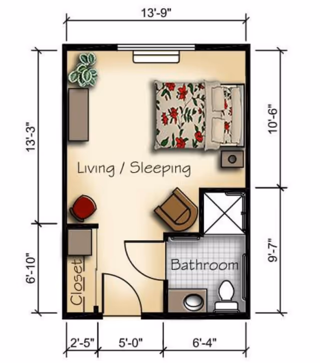 Floor plan of a small living and sleeping area with a bed, chair, closet, and a bathroom including a toilet, sink, and shower.