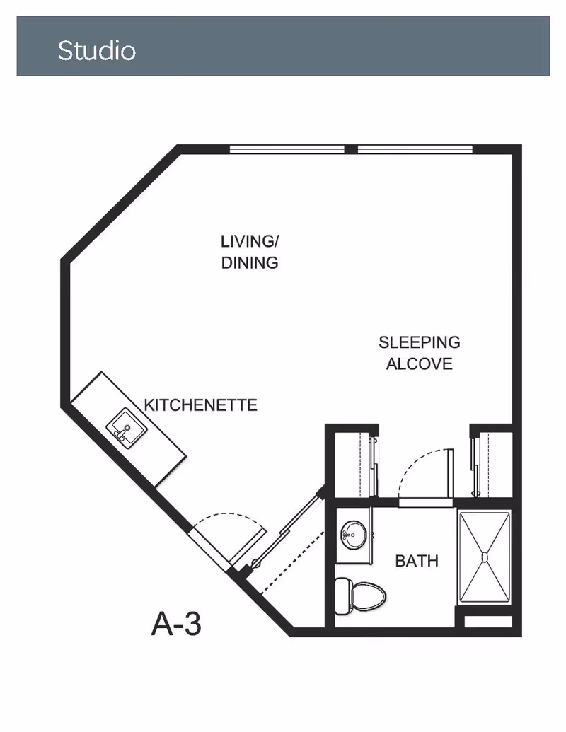 Floor plan of a studio apartment at Holiday Country Squire showing a living/dining area, kitchenette, sleeping alcove, and a bathroom with a sink, toilet, and shower.