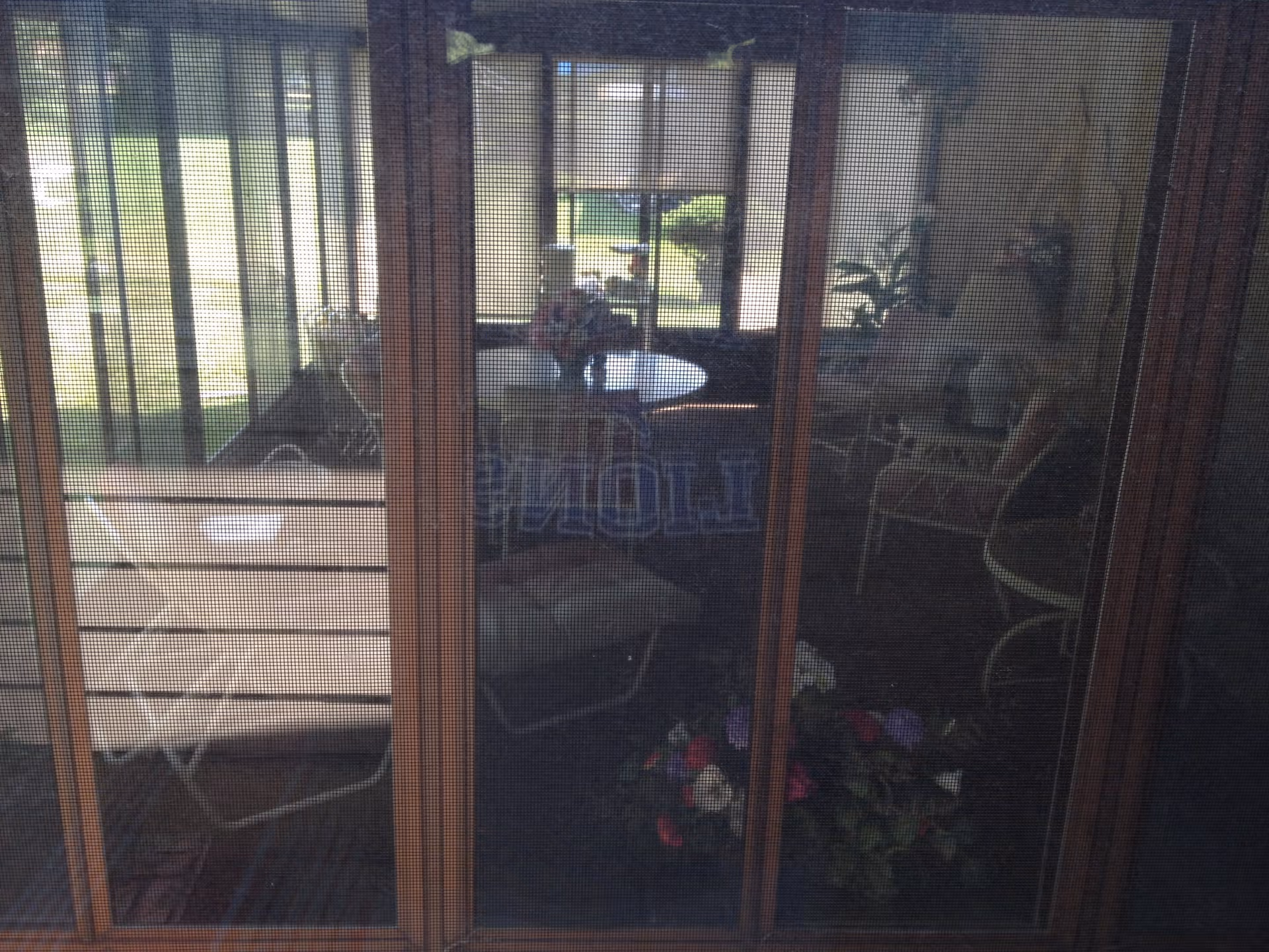 View through a screened sliding door into a sunroom with a round table, chairs, and potted plants.