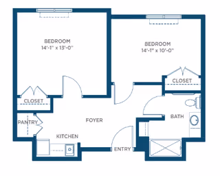 Floor plan of a two-bedroom apartment with labeled rooms including two bedrooms, a kitchen with pantry, a bathroom, a foyer, closets, and an entry area.