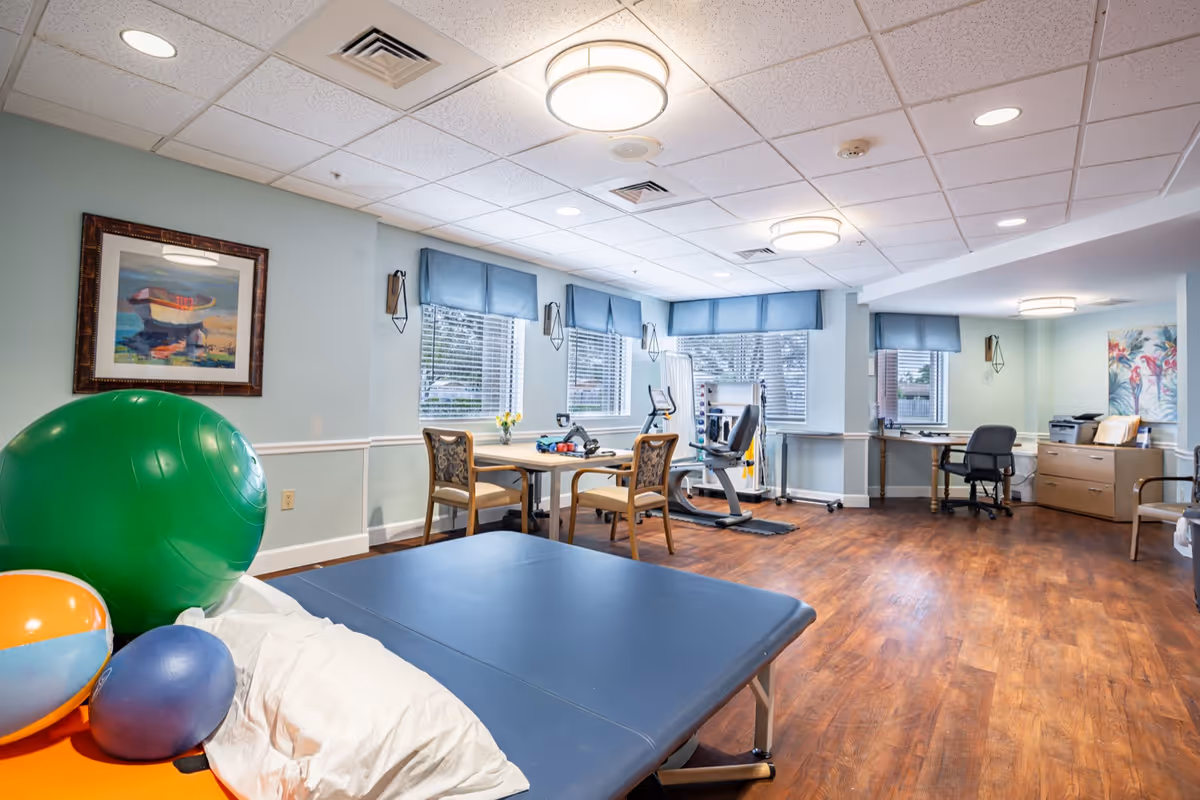 A bright and spacious therapy or exercise room with wooden flooring, light blue walls, and ceiling lights. The room contains a large blue therapy table, various exercise balls, a stationary exercise bike, a table with two chairs, and a desk with an office chair. There are several windows with blue valances letting in natural light, and framed artwork on the walls.