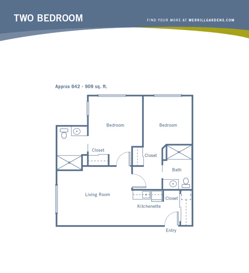 Floor plan of a two-bedroom apartment with approximate size 642 to 909 square feet. The layout includes two bedrooms, a living room, a kitchenette, a bathroom, closets, and an entry area.