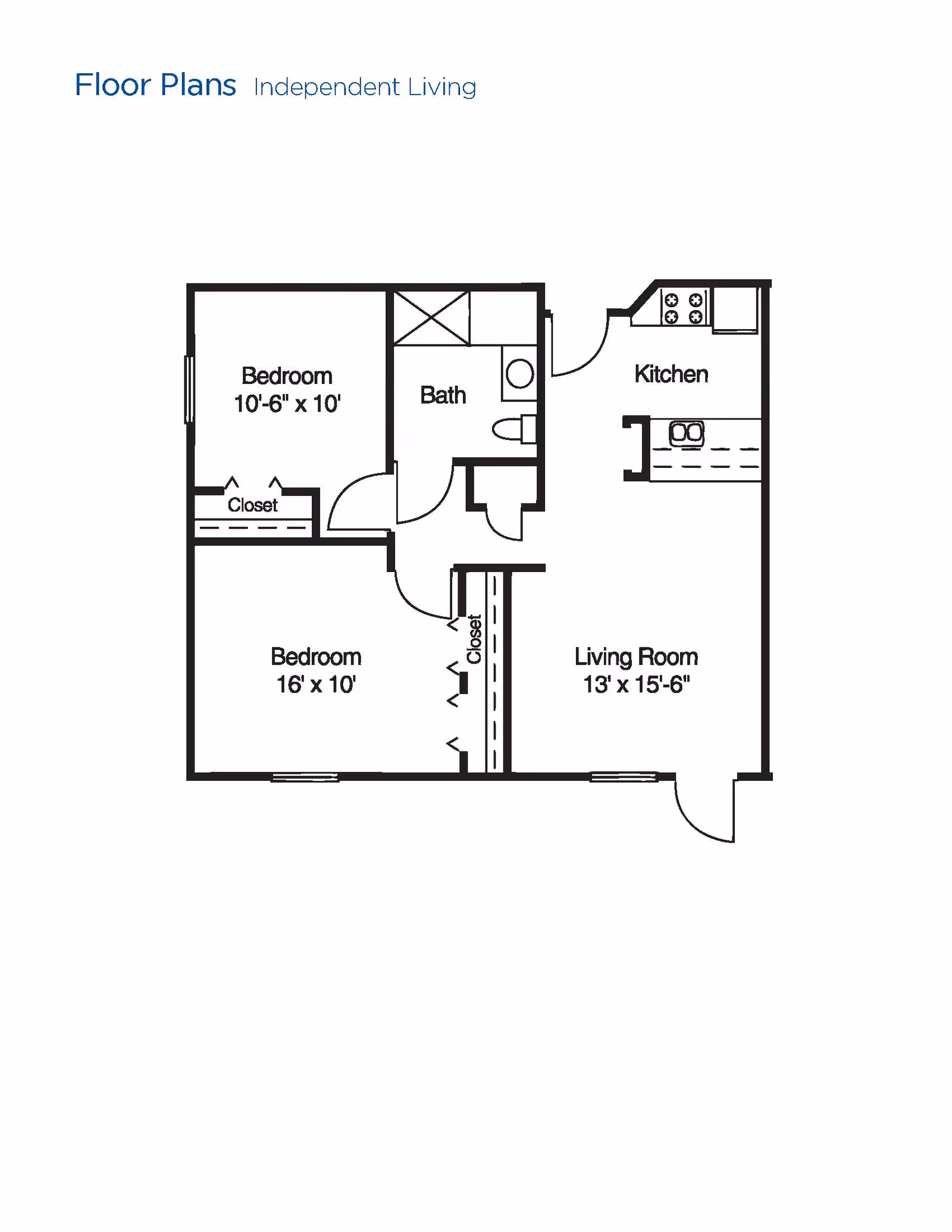 Floor plan for an independent living unit at Brookdale Corpus Christi showing two bedrooms, one bathroom, a kitchen, and a living room. The bedrooms measure 10'-6" x 10' and 16' x 10'. The living room measures 13' x 15'-6". Closets are included in both bedrooms and near the living room.