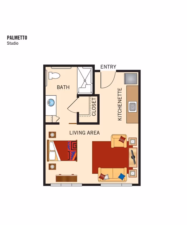 Floor plan of a studio apartment named Palmetto showing an entry leading to a kitchenette, a living area with a bed, sofa, chair, and TV, a closet, and a bathroom with a toilet, sink, and shower.
