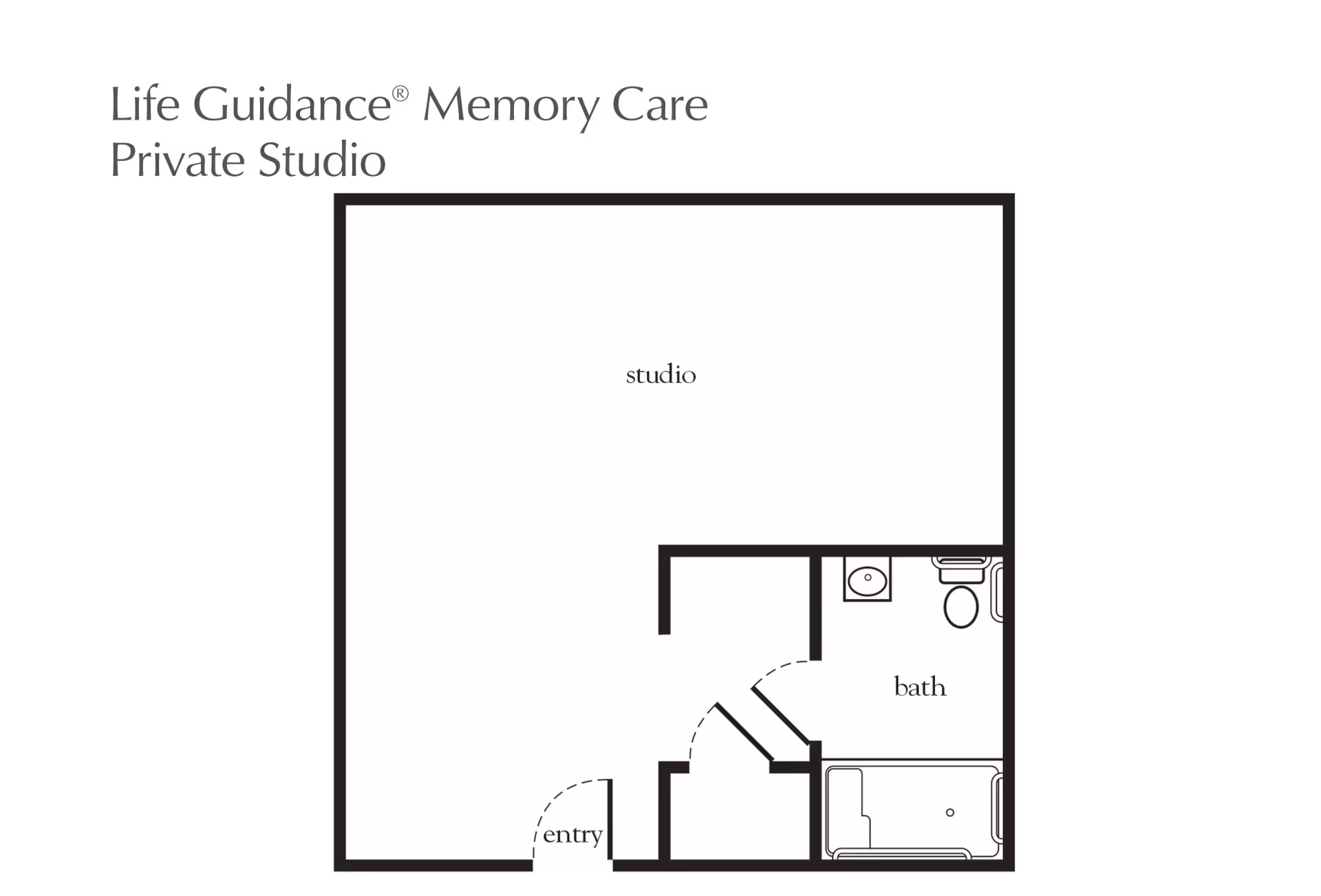 Floor plan of a Life Guidance Memory Care Private Studio showing a studio area, an entry, and a bathroom with a sink, toilet, and bathtub.