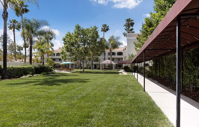 Well-maintained grassy courtyard with palm trees, a covered walkway to the right, seating with umbrellas, and a multi-story building in the background.