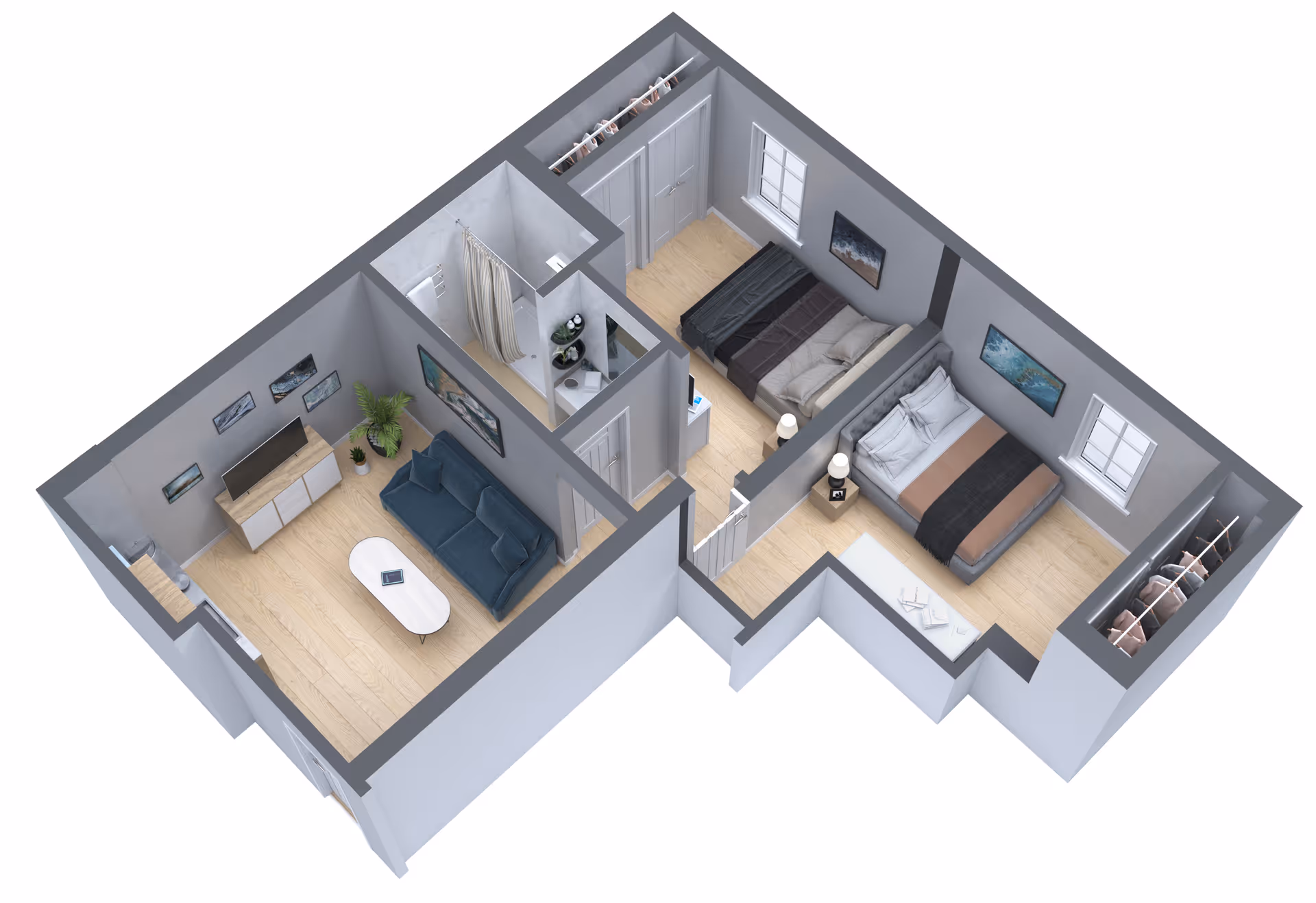3D rendered floor plan of a small apartment showing a living room, bathroom, and two bedrooms.