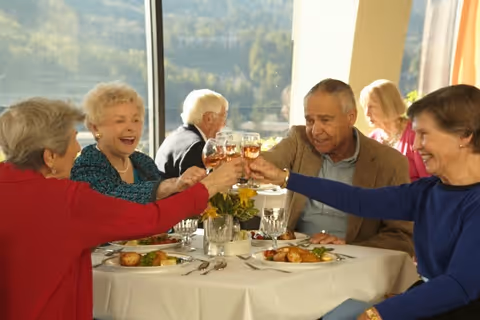 A group of elderly people sitting around a dining table, smiling and toasting with glasses of wine. Plates of food are set on the table, and there is a window with a scenic view in the background.