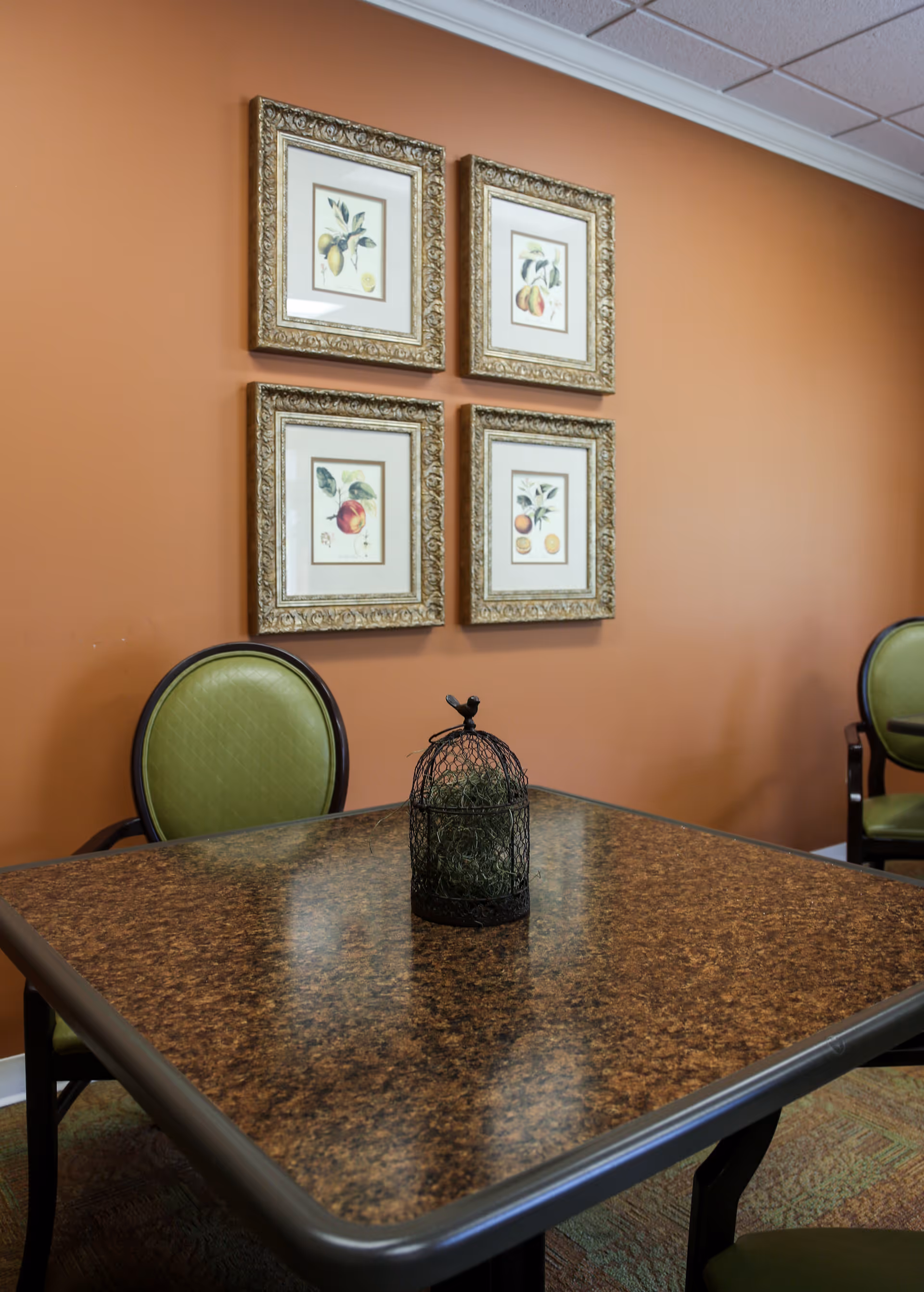 A small square table with a brown speckled surface and a decorative wire birdcage centerpiece. The table is surrounded by green cushioned chairs with dark wooden frames. The background features an orange wall with four framed botanical prints of fruit arranged in a square pattern.