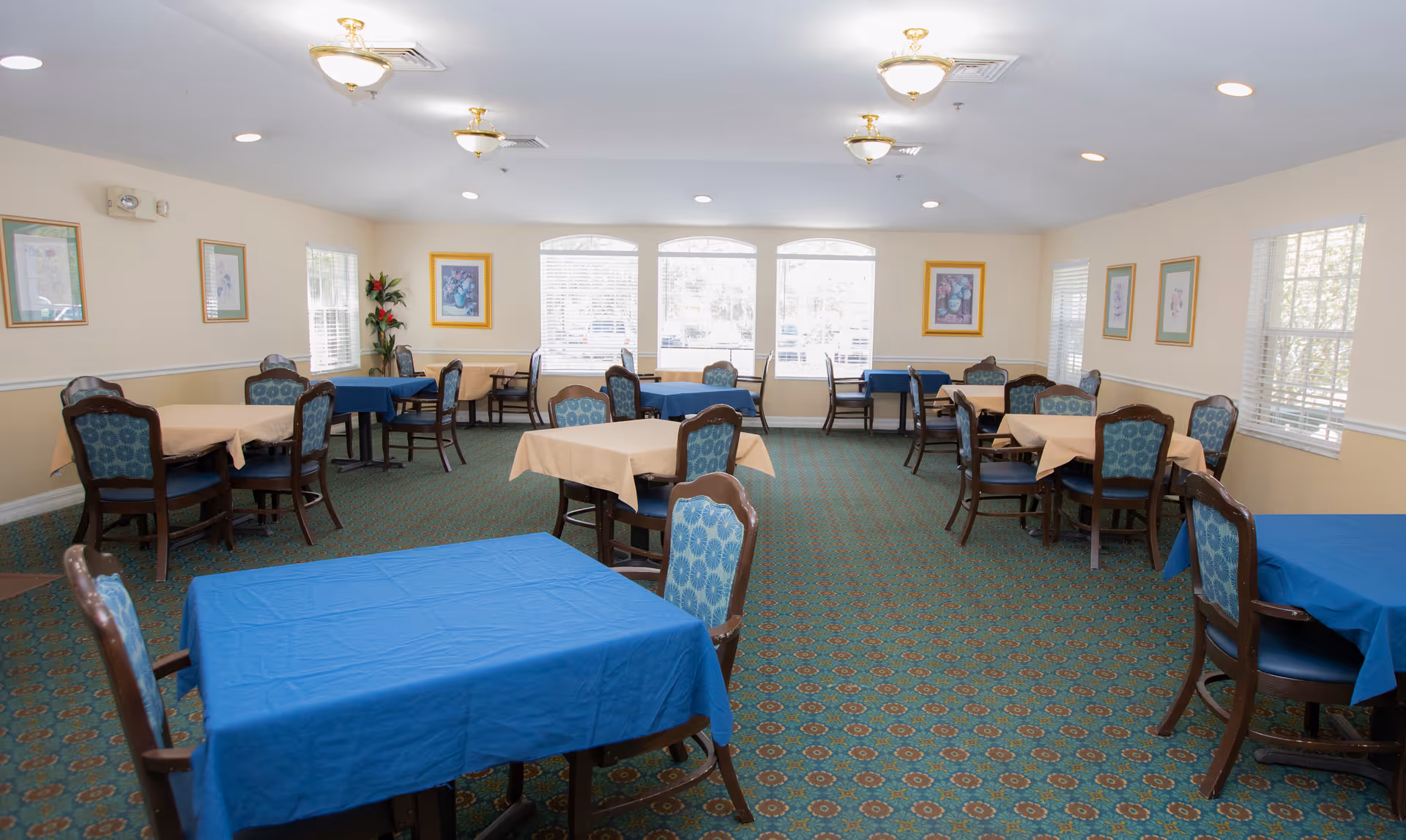 A dining room with multiple tables covered in blue and beige tablecloths, surrounded by wooden chairs with blue patterned cushions. The room has large windows with white blinds, framed floral artwork on the walls, and green patterned carpet. Ceiling lights provide illumination.