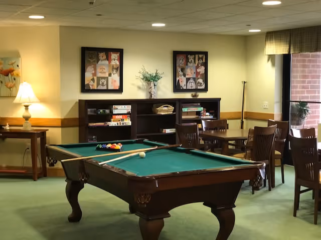 A recreational room with a pool table in the center, a set of pool cues resting on it, and a rack of billiard balls arranged for a game. Behind the pool table is a bookshelf with board games and decorative items. To the right, there are wooden chairs and tables near a large window with a view of a brick wall and some greenery outside. The room is softly lit with ceiling lights and a table lamp on a side table to the left. Two framed pictures featuring various dog illustrations hang on the wall above the bookshelf.