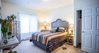 A bright bedroom with a bed featuring a striped bedspread and multiple pillows. There are two bedside tables with lamps on each side of the bed. A tall dresser is positioned near a window with vertical blinds, and a small open closet is visible with a door partially open. The room is decorated with plants and has a carpeted floor.