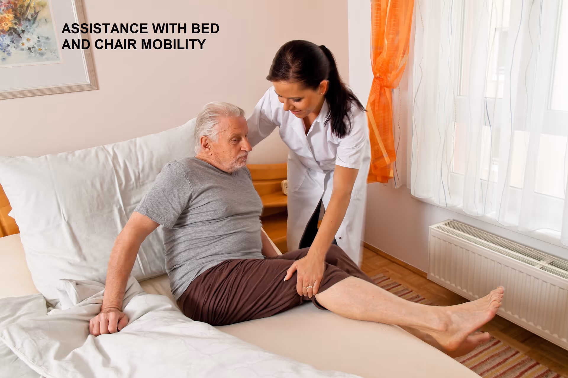 A caregiver assists a man sitting on a bed in a bright bedroom.