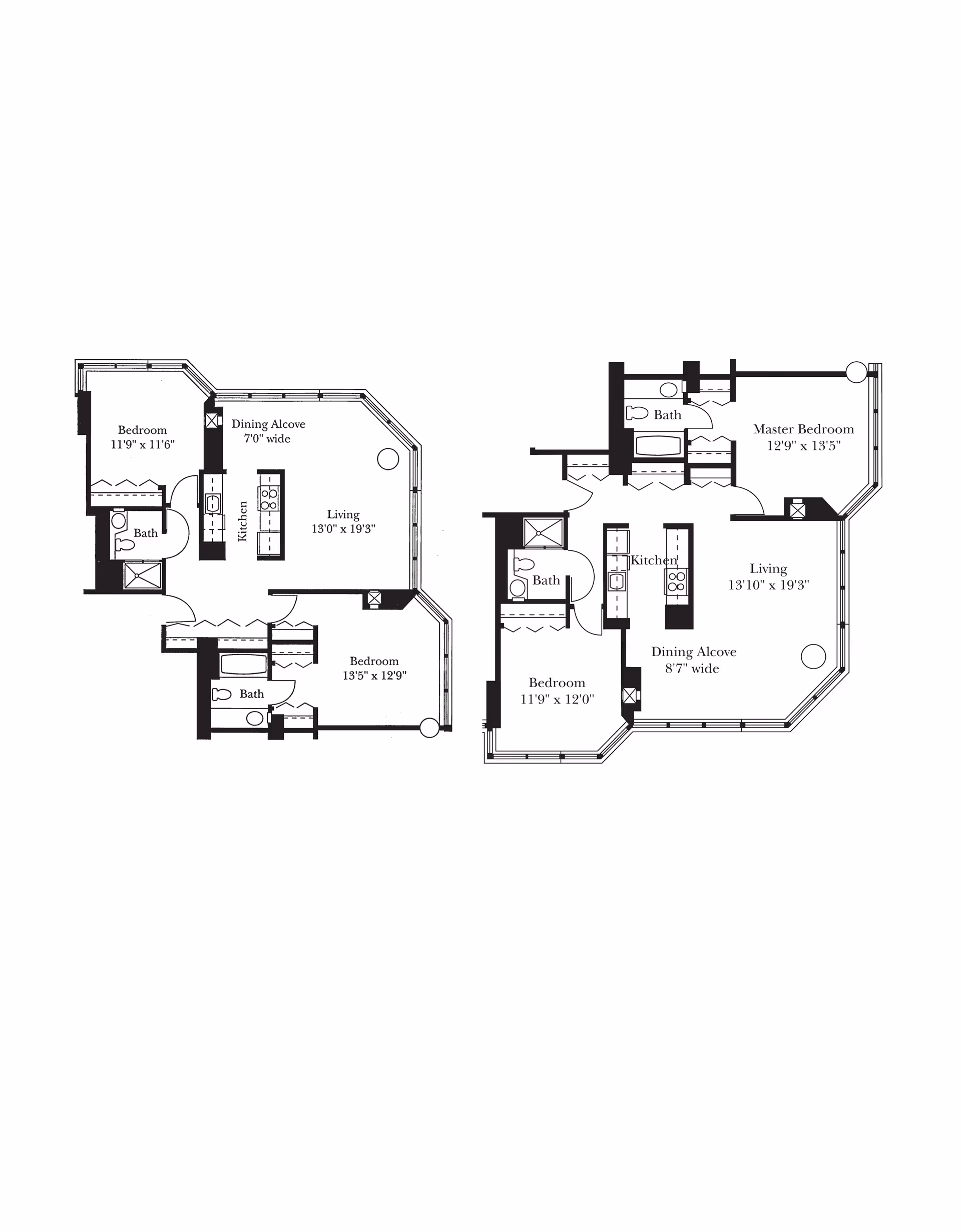 Architectural floor plan showing two apartment layouts with labeled rooms including bedrooms, bathrooms, kitchens, dining alcoves, and living areas with dimensions.