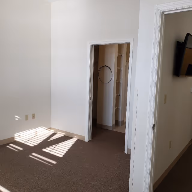 Empty room with beige carpet and white walls, sunlight casting shadows from a window onto the floor. There is an open doorway leading to a small closet or storage area with shelves and a circular object hanging on the wall. Another doorway shows a mounted flat-screen TV on the wall.