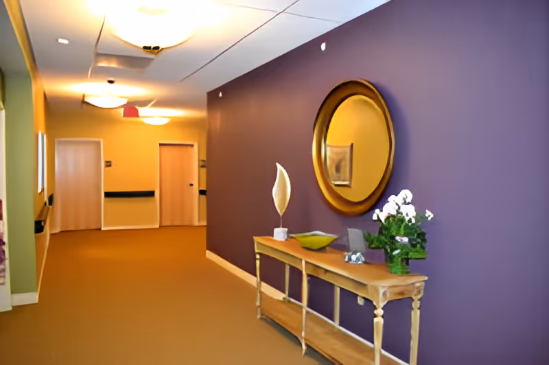 A hallway with beige carpet and walls painted in purple and yellow. There is a wooden console table against the purple wall, decorated with a round gold-framed mirror, a white decorative sculpture, a green bowl, a small picture frame, and a potted plant with white flowers. The hallway has ceiling lights and two closed doors at the end.