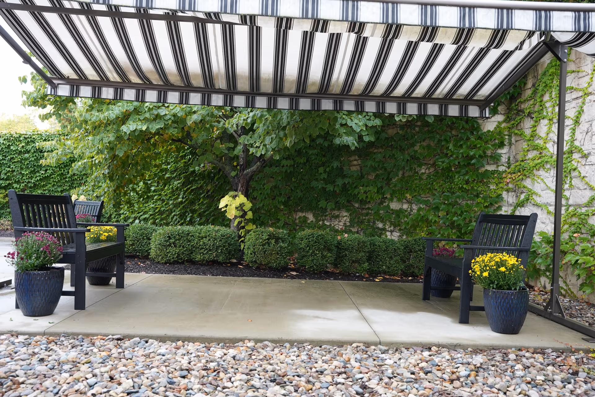 Outdoor seating area with two black benches facing each other under a striped retractable awning. The area is surrounded by green bushes and a wall covered with ivy. There are potted flowers placed next to each bench on a concrete patio with a pebble border.