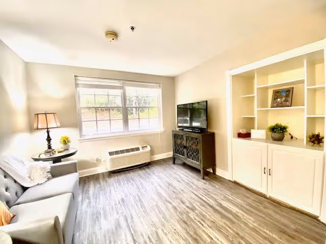 A bright living room with a large window letting in natural light. The room features a gray sofa with a white throw blanket, a round side table with a lamp and a small plant, a flat-screen TV on a dark wooden stand, and built-in white shelves with decorative items. The floor is covered with wood-style vinyl flooring.