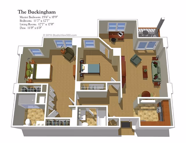 3D floor plan of The Buckingham apartment layout showing a master bedroom, a second bedroom, living room, den, kitchen, bathroom, and closets. The master bedroom has a bed and armchair, the second bedroom has a bed, the living room has a sofa, armchair, coffee table, and desk, and the kitchen includes appliances and a small dining table. There is also a balcony accessible from the living room.