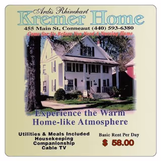 Promotional poster showing the front of a two-story white house labeled 'Ardis Rhinehart Kremer Home' with address, phone, amenities and a $58 daily rent.