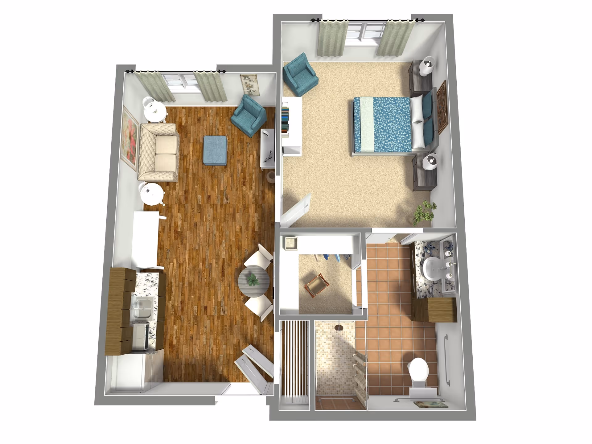 3D floor plan of a one-bedroom apartment featuring a living room with a sofa, two armchairs, a small table, and a TV. Adjacent to the living room is a kitchen area with cabinets, a sink, and appliances. The bedroom has a bed, two nightstands with lamps, an armchair, and a bookshelf. The bathroom includes a sink with a countertop, a toilet, and a walk-in shower. There is also a small closet space near the bathroom.