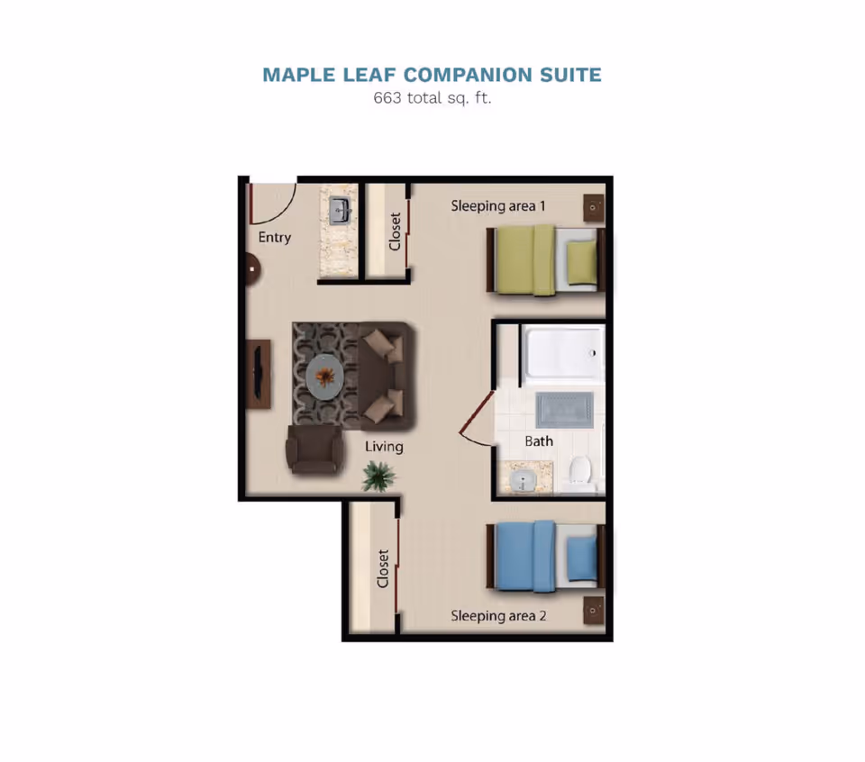 Floor plan titled 'Maple Leaf Companion Suite' showing two sleeping areas, a living room, bathroom, closets and entry for a 663 sq. ft. unit.