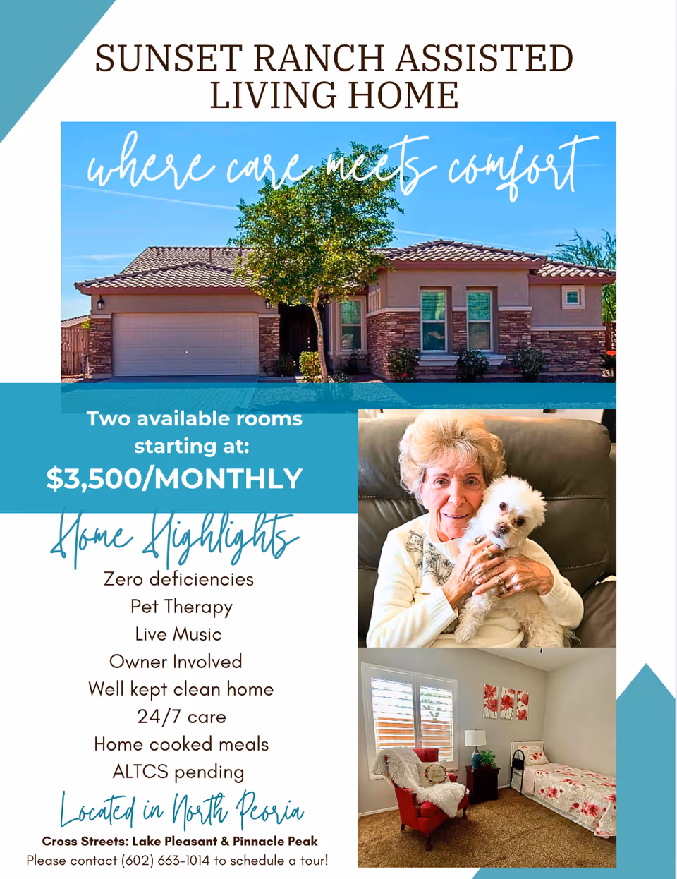 Front view of Sunset Ranch Assisted Living Home with a promotional collage and resident photos.