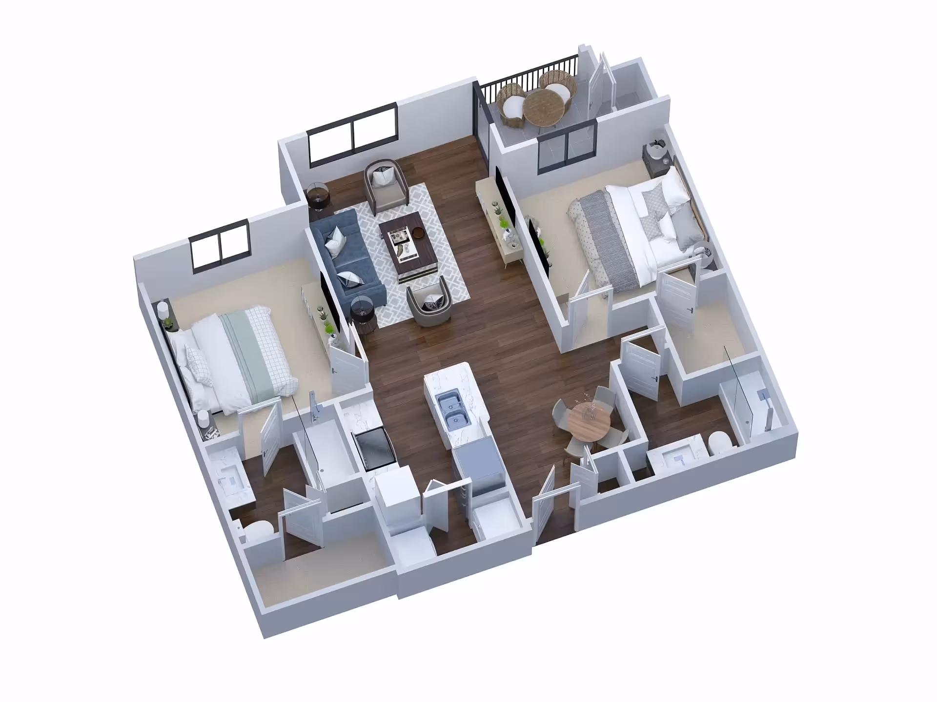 3D floor plan of an apartment with two bedrooms, two bathrooms, a living room with seating, a kitchen with an island, a dining area with a round table, and a small balcony with outdoor seating.
