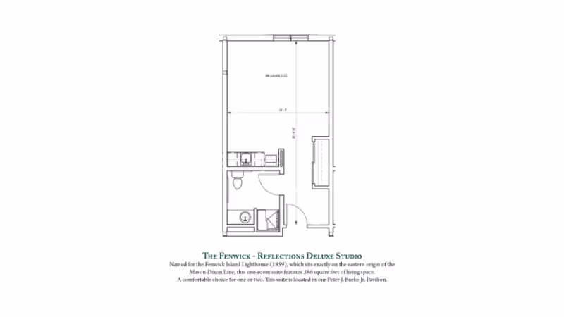 Architectural floor plan of The Fenwick - Reflections Deluxe Studio showing a kitchenette, bathroom, closet and open living area with dimensions and descriptive text beneath.