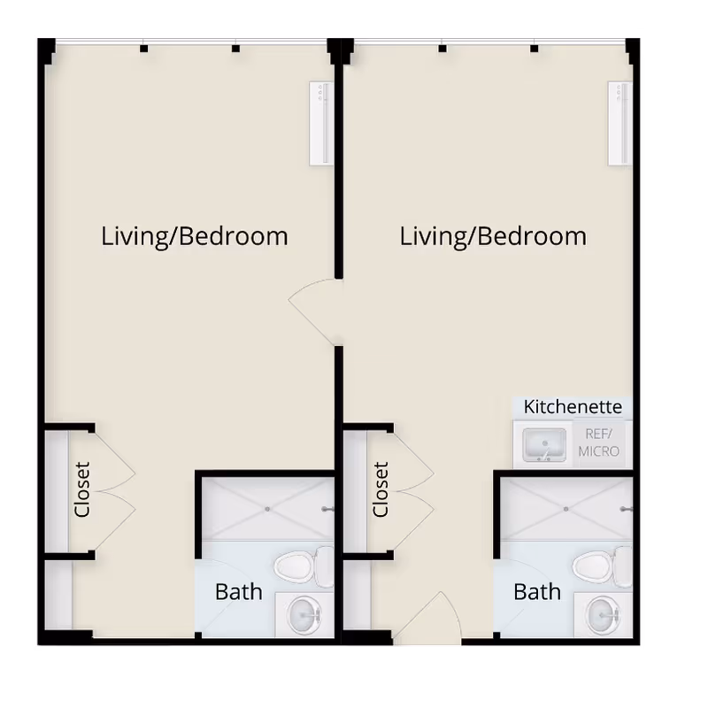 Floor plan showing two adjacent living/bedroom units, each with a closet and a bathroom. One unit includes a kitchenette with a refrigerator and microwave.
