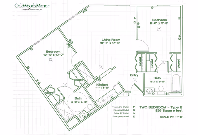 Architectural floor plan of a two-bedroom apartment labeled Oak Woods Manor. The layout includes two bedrooms, two bathrooms, a living room, a kitchen, closets, and an entry area. Dimensions for each room are provided along with symbols for telephone, electrical, cable TV outlets, and emergency alerts.